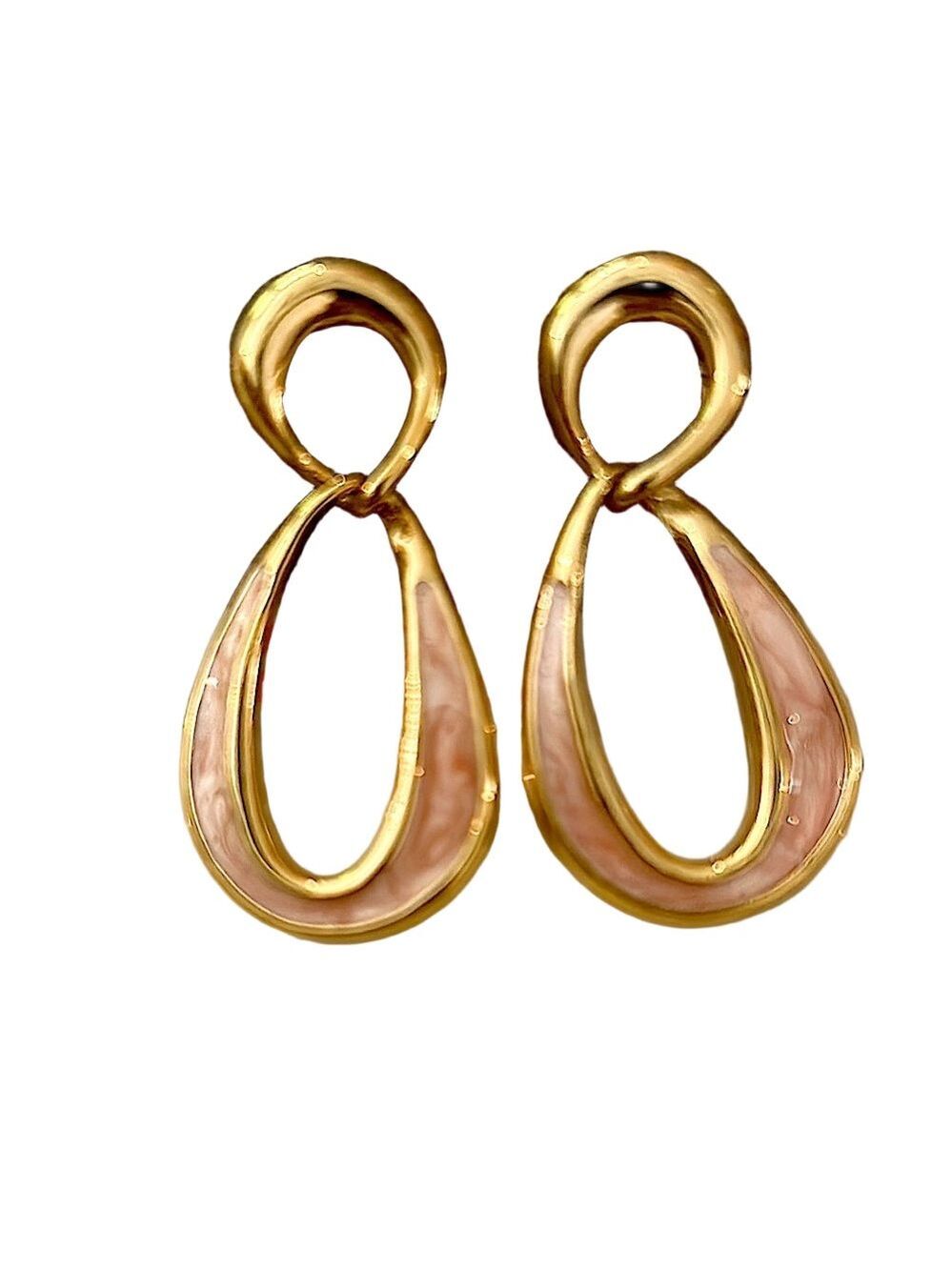 Gold Clay Pink Loop Dangle Earrings Pierced NEW Vintage Surgical Steel Post